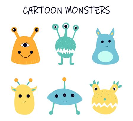 Vector cartoon monsters, space aliens. Modern flat design. Art can be used for World UFO Day, children illustration. のイラスト素材