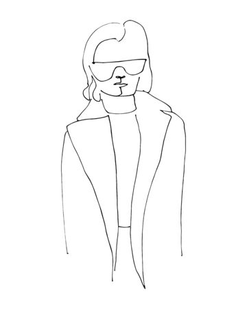 Linear portrait of woman in sunglasses. Continuous line art. One line drawing. Minimalist graphic.  のイラスト素材