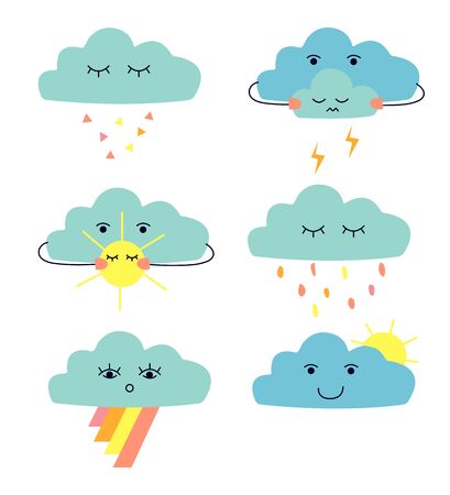 Set of cute cartoon clouds: rain cloud; thunder cloud; cloud witn sun; cloud with rainow. Art can be used for children books, printing, wallpaper. のイラスト素材