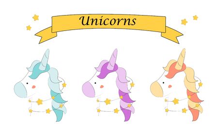 Vector illustration with unicorns - fantastic creature, mystical animal. Childish cartoon print.のイラスト素材