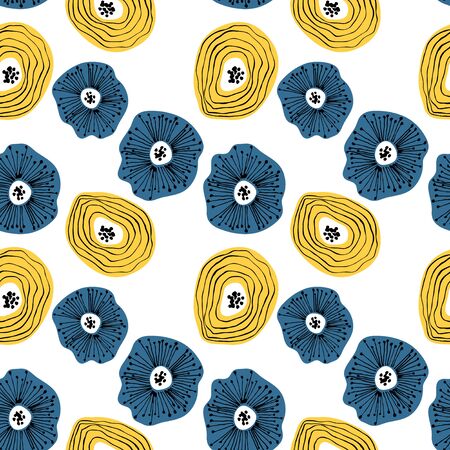 Seamless pattern with abstract flowers. Avan-garde cute cartoon background. Abstractionism style.のイラスト素材