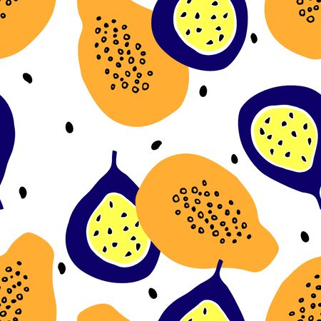 Seamless pattern with papaya and passion fruits in simple flat design.Cut tropical fruit with seed.のイラスト素材