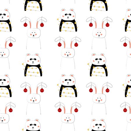 Seamless pattern with panda in a garland and rabbit with Christmas toys. Art for children illustration, holiday packing.のイラスト素材