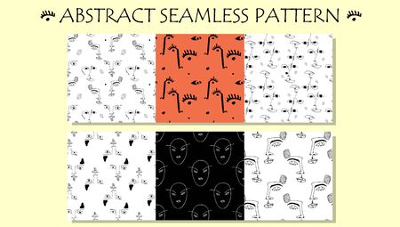 Trendy print with abstract graphic faces. Seamless pattern design. Outline portrait. One line drawingのイラスト素材