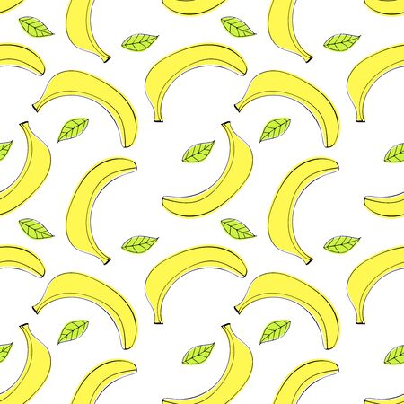 Seamless pattern  with peeled bananas and leaves. Linear doodle drawing of fruit in minimalism style. Modern summer print. Yellow fruit on white backdrop.のイラスト素材