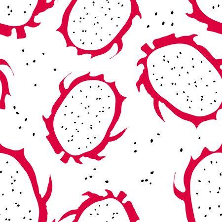 Seamless pattern with tropical fruit - dragon fruit and seeds. . Bright simple style. Backdrop with sweet food.のイラスト素材
