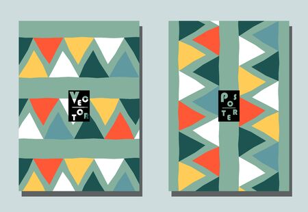Trendy cover with graphic elements - abstract shapes. Two modern vector flyers in avant-garde  style. Geometric wallpaper for business brochure, cover design.のイラスト素材