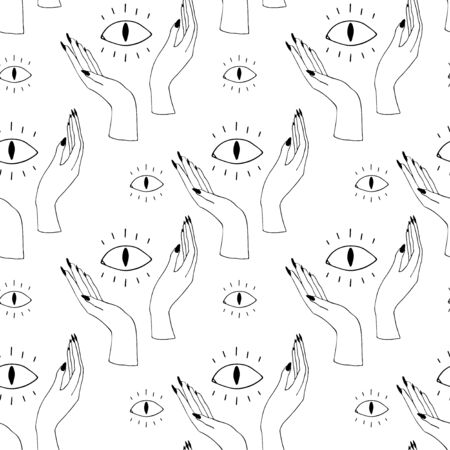Occultism print with gothic hands and magic signs - devil eye. Seamless pattern. Linear black drawing.のイラスト素材