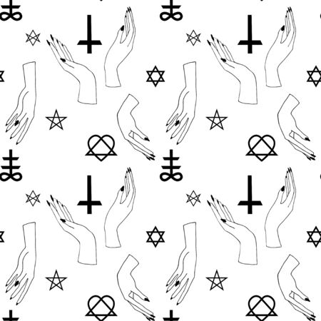Occultism print with gothic hands and magic signs - cross. Seamless pattern. Linear black drawing.のイラスト素材