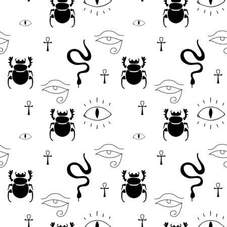 Occultism print with Egyptian magic signs - cross, ankh, eye of Horus, scarab, snake. Seamless pattern. Linear black drawing.のイラスト素材