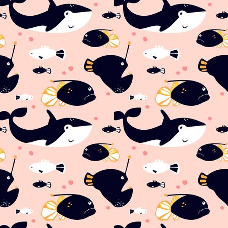 Seamless pattern with cute cartoon sea animals - killer whale, angler fish and fish. Art can be used for childish books, placard, postcard. Pink printのイラスト素材