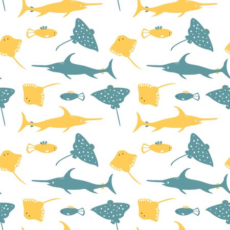 Seamless pattern with cute cartoon sea animals - fish saw, fish, stingray. Art can be used for childish books, placard, postcard. Pink printのイラスト素材