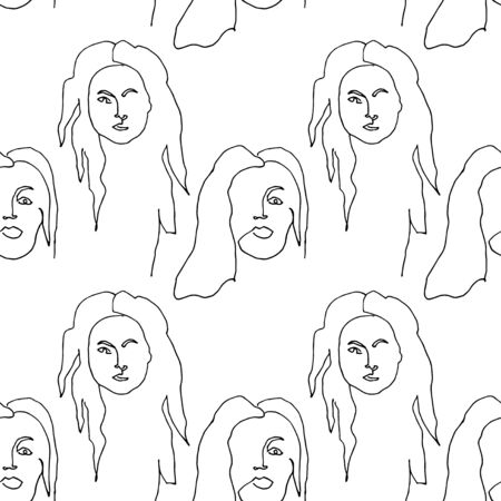 Modern seamless pattern with linear abstract woman face. Continuous line art. One line drawing. Minimalist graphic.のイラスト素材
