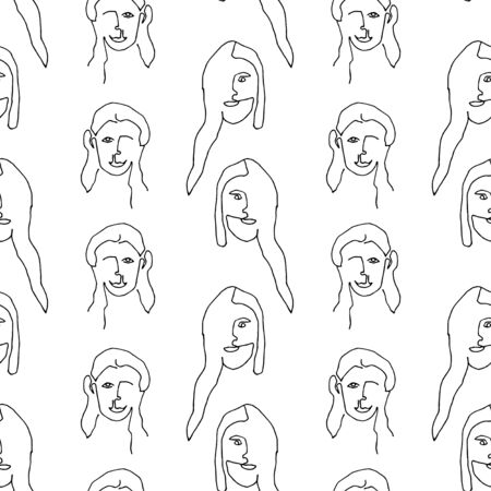 Modern seamless pattern with linear abstract woman face. Continuous line art. One line drawing. Minimalist graphic.のイラスト素材