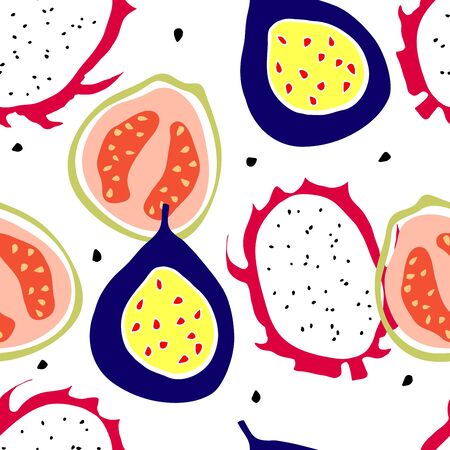 Seamless pattern with tropical fruits - guava; passion fruit; dragon fruit. Bright simple style. Backdrop with sweet food.のイラスト素材