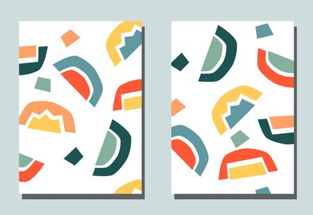 Cover with graphic elements - abstract shapes. Two modern vector flyers in puzzle  style. Geometric wallpaper for business brochure, cover design.のイラスト素材
