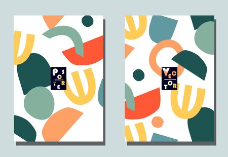 Cover with graphic elements - abstract shapes. Two modern vector flyers in puzzle  style. Geometric wallpaper for business brochure, cover design.のイラスト素材
