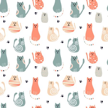 Seamless pattern with cartoon cute cats. Art can be used for print, poster, packing.のイラスト素材