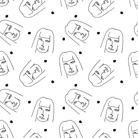 Seamless pattern with outline silhouette of woman portrait. Modern avant- garde poster. One continuous line drawing. Trendy minimalistic faces.のイラスト素材