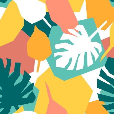 Seamless pattern with monstera and geometrical shapes. Bright tropical background with yellow, pink and blue leaves.のイラスト素材