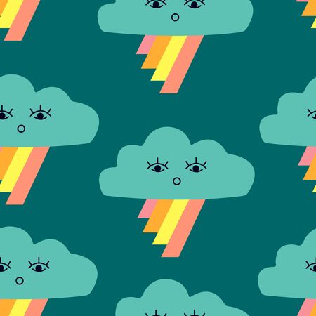 Seamless pattern with graphic cartoon clouds and rainbow. Childish poster with cute character.のイラスト素材