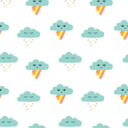Seamless pattern with graphic cartoon clouds and rainbow. Childish poster with cute character.のイラスト素材