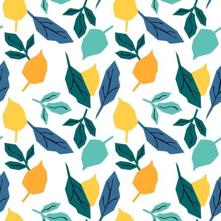 Seamless pattern with yellow, orange and blue leaves. Bright tropical background.のイラスト素材