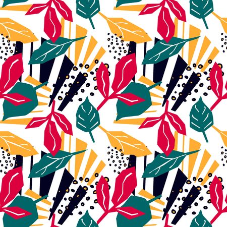 Abstract seamless pattern with graphyc elements, modern abstract shapes and leaves.  Avant-garde collage style. Geometric wallpaper for business brochure,  cover design.のイラスト素材