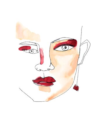Watercolor fashion portrait of woman with makeup. Minimalism moderm style of drawing. Hand drawn female person with earring. の写真素材