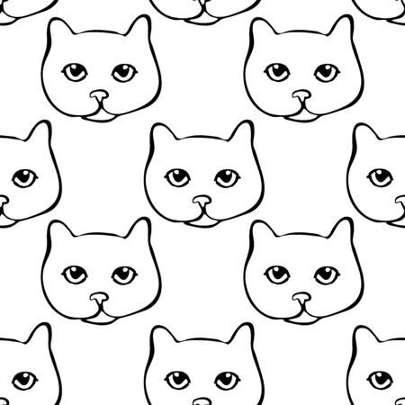 Seamless pattern with British cat. Linear black drawing of kitten. Art can be used for wallpaper, background, print.のイラスト素材