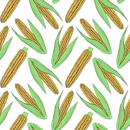 Seamless pattern with corn - black outline doodle. のイラスト素材