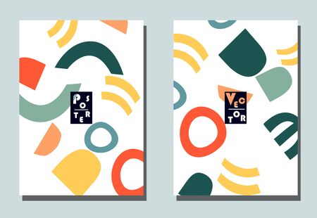 Trendy cover with graphic elements - abstract shapes. Two modern vector flyers in avant-garde  style. Geometric wallpaper for business brochure, cover design.のイラスト素材