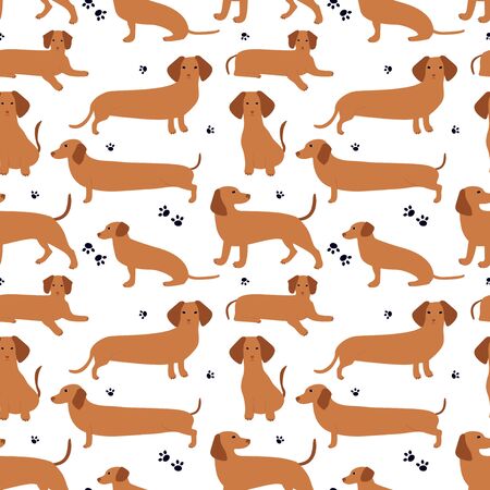 Seamless pattern with German badger-dog, dachshund. Cute cartoon character. Animal print.のイラスト素材