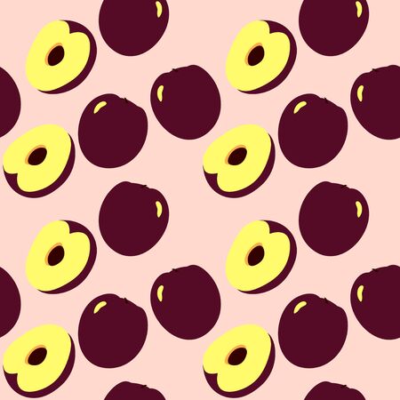 Seamless pattern with plums and leaves. Prunus cerasifera, alycha on a white background. Flat design.のイラスト素材