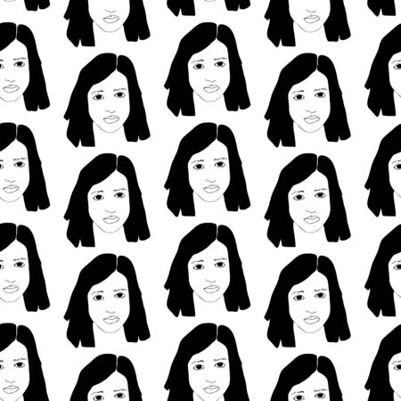 Seamless pattern with woman portrait. Black and white minimalist graphic silhouette.  Art of women face and hairstyle.のイラスト素材