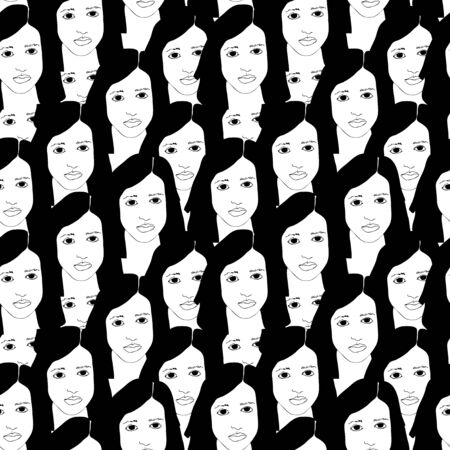 Seamless pattern with woman portrait. Black and white minimalist graphic silhouette.  Art of women face and hairstyle.のイラスト素材