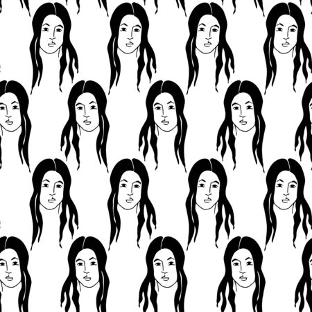 Seamless pattern with woman portrait. Black and white minimalist graphic silhouette.  Art of women face and hairstyleのイラスト素材