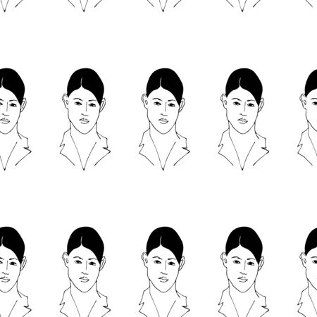 Seamless pattern with woman portrait. Black and white minimalist graphic silhouette.  Art of women face and hairstyleのイラスト素材