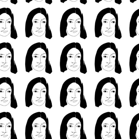 Seamless pattern with woman portrait. Black and white minimalist graphic silhouette.  Art of women face and hairstyleのイラスト素材