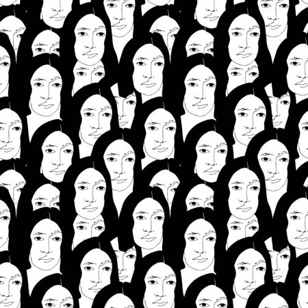 Seamless pattern with woman portrait. Black and white minimalist graphic silhouette.  Art of women face and hairstyleのイラスト素材