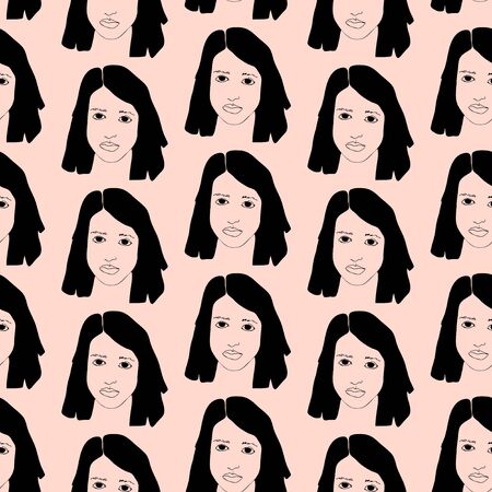 Seamless pattern with woman portrait. Black and white minimalist graphic silhouette.  Art of women face and hairstyle.のイラスト素材
