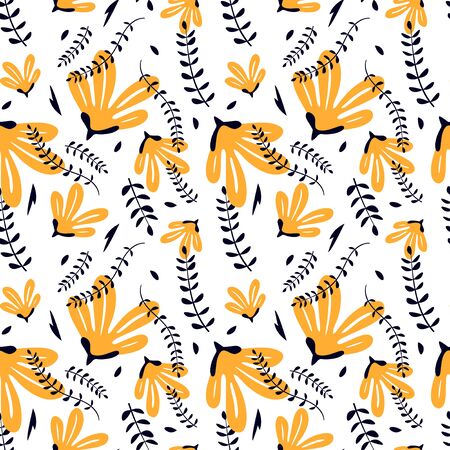 Contemporary seamless pattern with abstract flowers and tropical leaves. Summer print.のイラスト素材
