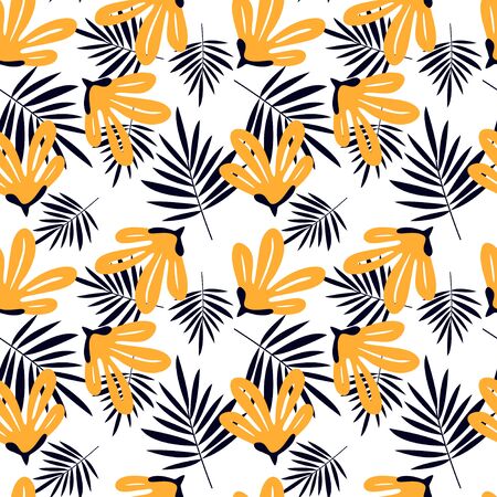 Contemporary seamless pattern with abstract flowers and tropical leaves. Summer print.のイラスト素材