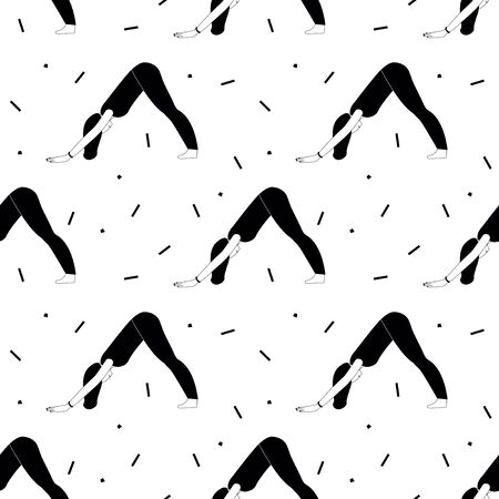 Seamless pattern witn woman doing yoga at home. Illustration with pose Dog face down, Adho Mukha Shvanasana.のイラスト素材