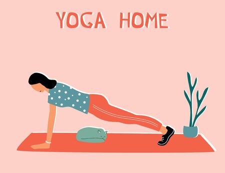 Woman doing yoga at home. Illustration with pose Plank, Chaturanga Dandasana, Four-Limbed Staff Pose.のイラスト素材