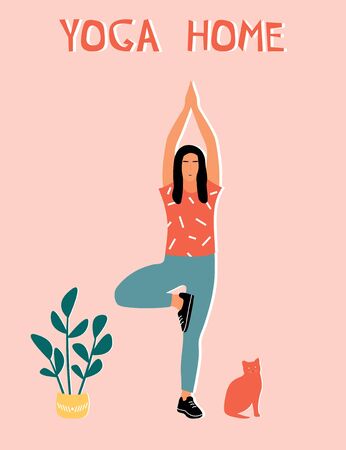 Woman doing yoga at home. Illustration with pose Tree Pose, Vrikshasana.のイラスト素材