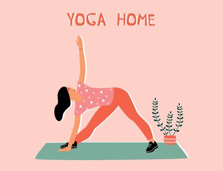 Woman doing yoga at home. Illustration with Triangle Pose,Trikonasana.のイラスト素材