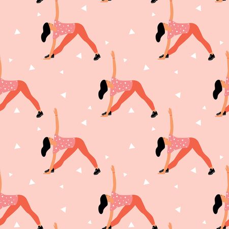 Seamless pattern with woman doing yoga at home. Illustration with Triangle Pose,Trikonasana.のイラスト素材