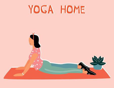 Woman doing yoga at home. Illustration with Facing Dog, Urdhva Mukha Shvanasana.のイラスト素材