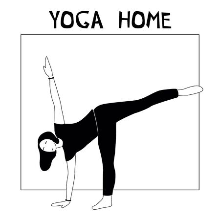 Woman doing yoga at home. Illustration with Half moon pose, Ardhachandrasana.のイラスト素材